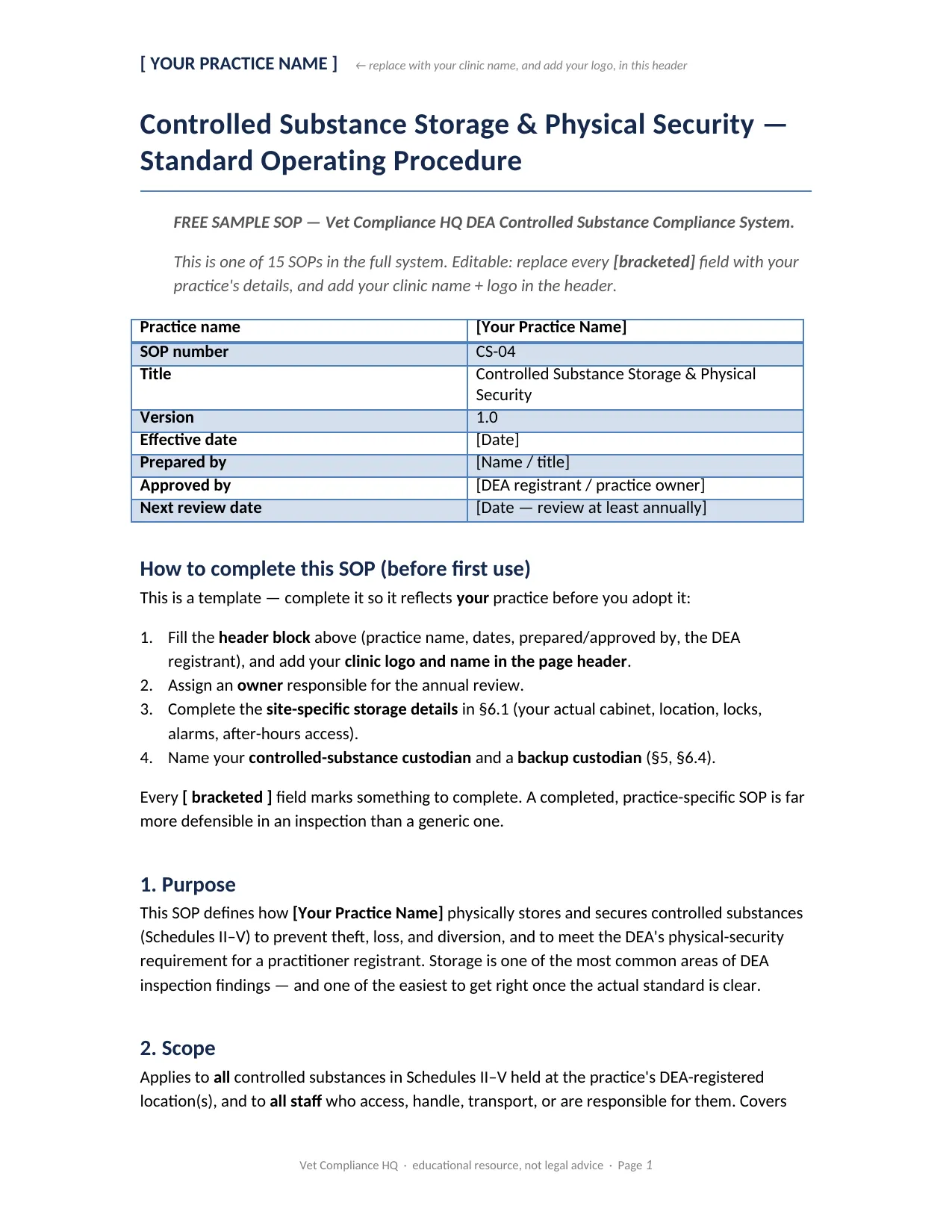 Page one of the Controlled Substance Storage & Physical Security SOP
